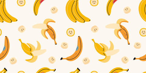Seamless pattern with bananas and banana slices. Tropical fruit design for food and packaging use. Trendy vector illustration on light background, hand drawn, flat