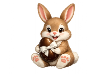 Cute fluffy bunny holding a chocolate Easter egg with a white bow