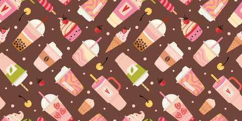 Seamless pattern with sweet drinks, desserts and takeaway cups. Cute art of cafe treats and beverages. Trendy vector illustration on chocolate brown background, hand drawn, flat design