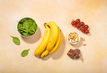 Magnesium rich foods healthy diet nutrition banana spinach nuts chocolate tomatoes