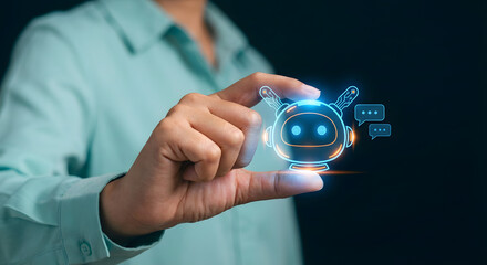 Person holding glowing neon chatbot icon representing artificial intelligence customer service and virtual assistant technology for business automation and digital communication solutions