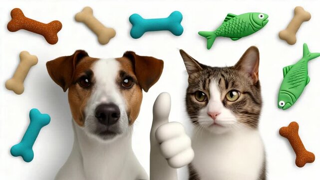 Playful duo: dog and cat with colorful toys in whimsical synchrony