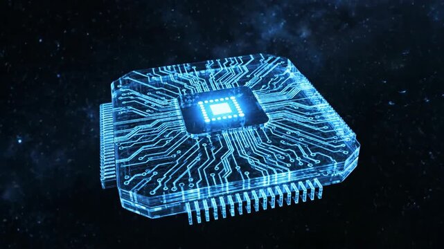Blue glowing microchip circuit processor with luminous circuitry floating in space.
