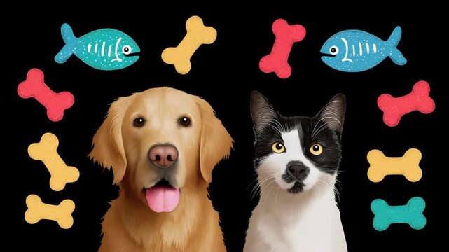 Playful pets: animated dogs and cats with floating toys and treats on black background