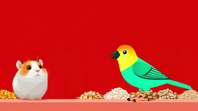 Vibrant parrot and curious hamster interact on red background in playful scene