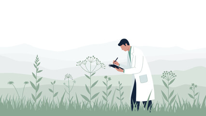 Botanist Studies Wildflower Field During Botanical Research in Nature Scene