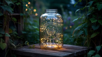 Glowing Mason Jar Lantern in a Lush Evening Garden