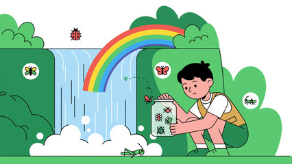 Obraz premium Boy Capturing Insects On Sunny Day Near A Waterfall With Rainbow