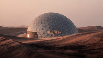 Glowing Geodesic Dome in Desert: Warmth and Innovation in Arid Lands