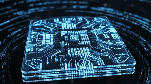 Futuristic Glowing Circuit Board Floating in Digital Space.