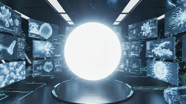 Futuristic holographic interface with glowing orb chambers.