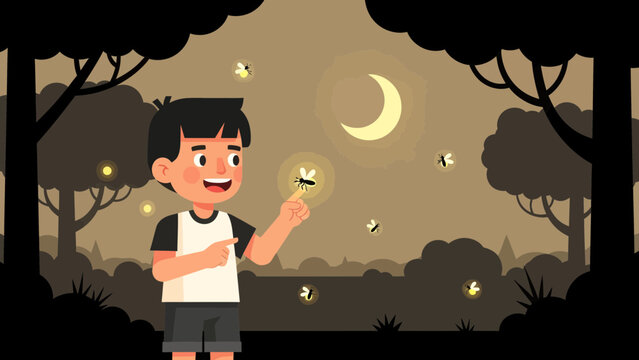Boy Catches Firefly In Night Forest Under Crescent Moon Illustration