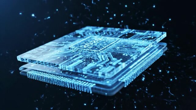 Blue Digital Circuit Chip Visualization of a Glowing Processor.