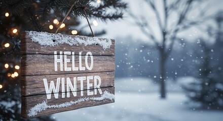 hello winter snow sign hanging on tree