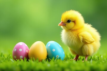 Fluffy yellow chick, green grass, three colorful Easter eggs , close-up, spring