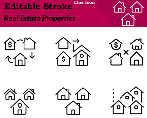 Fototapeta premium A clean minimalist real estate properties icon in a character style. Features houses buildings rooftops property outline to represent real. Estate housing rentals construction and property management.