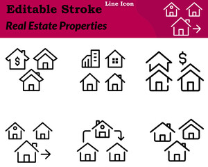 Obraz premium A modern, minimalist real estate properties icon designed in a character style. Showcases multiple houses buildings clean rooftops. Simple windows to symbolize property, housing investment and real.
