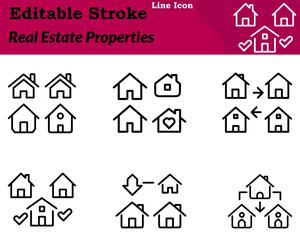 Fototapeta premium A clean modern real estate properties icon in character style. Featuring stylized houses building structures with clear rooftops and windows. Designed with smooth rounded outlines and simple geometry.