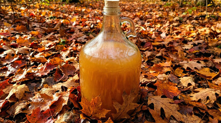 Glass jug filled with cider resting on autumn leaves outdoors  