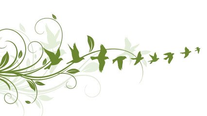 Birds Flying With Green Floral Ornaments Vector Illustration Design Template
