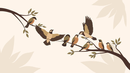 Birds Gathered Peacefully On Tree Branches, A Nature Scene In Soft Colors