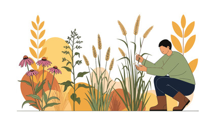 Bohemian Illustration Of Farmer Inspecting Crops In An Autumnal Field