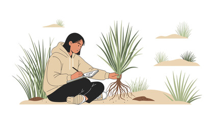 Botanical Illustration Woman Studying Plant Life In Natural Habitat
