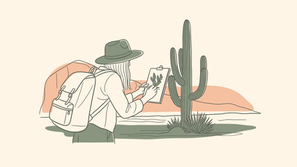 Botanical Sketching In The Desert With A Backpack And Hat Traveler