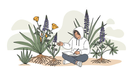 Botanical Study Person Sketching Plants In Nature Illustration Concept