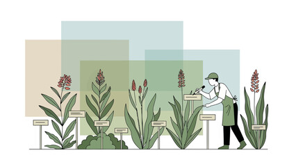 Botanist At Work Illustrating And Labeling Different Plant Varieties In Garden