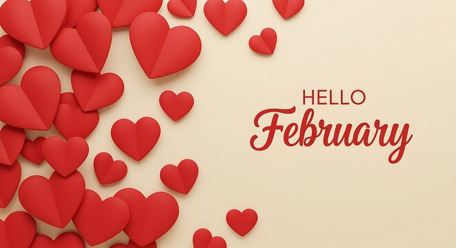 Red hearts on beige background with hello february text