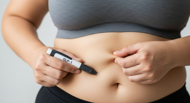 Overweight woman injecting GLP-1 medicine into her belly, concept of modern weight loss treatment, diabetes therapy, and obesity management