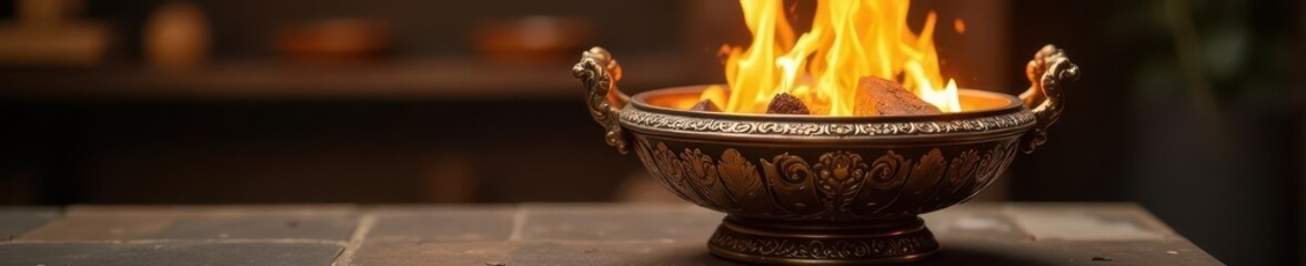 Glowing embers in intricately carved brass brazier, cozy, glowing, night