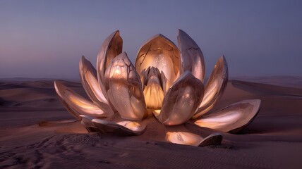 Golden Lotus Bloom Art in Desert Sunset | Illuminated Futuristic Sculpture
