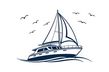 Elegant Sailboat Cruise Ship Logo Design, Sailboat Cruising the Waves with Birds, Ocean Liner Icon Vector Image, Ship Silhouette Vector Illustration