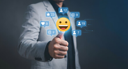 Businessman showing thumbs up with happy emoji and social media notification icons for digital marketing engagement and positive customer feedback rating performance concept