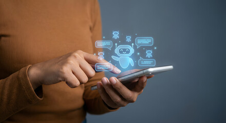 Person using smartphone with artificial intelligence chatbot holographic interface and multiple mini robot icons for smart mobile communication and digital virtual assistant technology