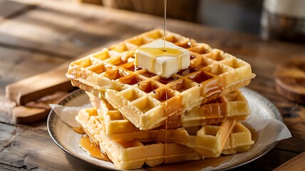 Golden Waffles Stack with Melting Butter & Syrup Drizzle on Rustic Wood Table