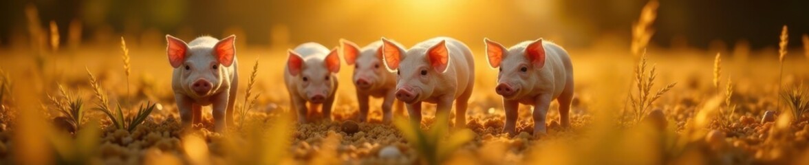 Golden sunlight bathes pigs in open pen, eagerly consuming scattered grain , agriculture, rural life