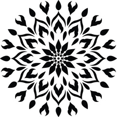 Black silhouette mandala vector with ornamental round lace pattern on white background.