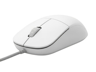 A sleek, white computer mouse with a wired connection, featuring a minimalist design and a scroll wheel.