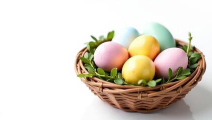 Hand-painted pastel eggs nestled in woven basket, isolated on white, Easter, chick