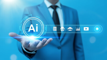 Professional working on laptop, surrounded by digital interface icons representing online learning, business solutions, and productivity concepts