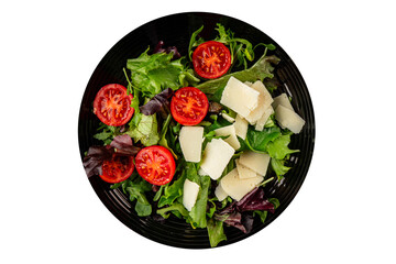 Parmesan cheese vegetable salad tomato, arugula, green leaf lettuce healthy food main course ingredient appetizer fresh tasty gourmet food background food top view copy space vegetarian food