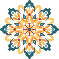 Colorful symmetrical floral mandala in modern folk style with geometric petals and radial balance, perfect for decorative backgrounds, branding, textiles, and wall art.