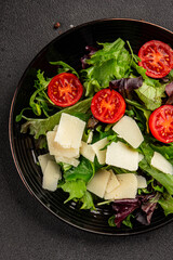Parmesan cheese vegetable salad tomato, arugula, green leaf lettuce healthy food main course ingredient appetizer fresh tasty gourmet food background food top view copy space vegetarian food
