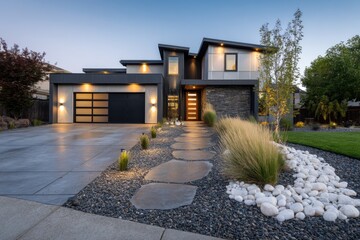 Modern house with stone and wood features at dusk, surrounded by grass and rocks, showcasing clean lines and outdoor lighting