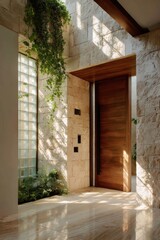 A contemporary entryway featuring a sleek wooden door alongside a stunning glass wall that showcases vibrant plants and streams of sunlight.