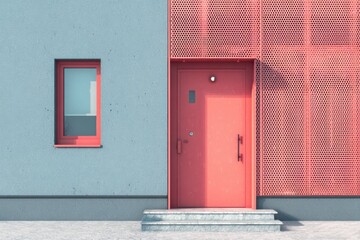 Bright red door stands against blue wall on modern building with metal mesh design in urban setting during daytime showcasing simple architectural elements