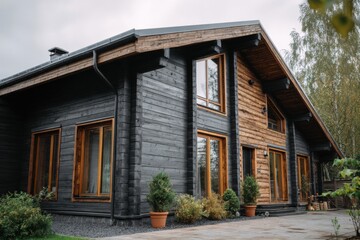 A contemporary wooden house featuring expansive windows is nestled among lush greenery in a serene locale, bathed in soft afternoon light
